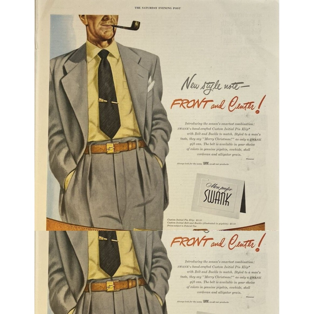 Swank Men's Belt  "New style note-Front and Center for Christmas" Print Ad 1949